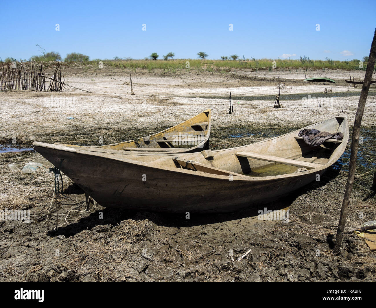 Canoes in Acude Cocorobó low level due to drought Stock Photo