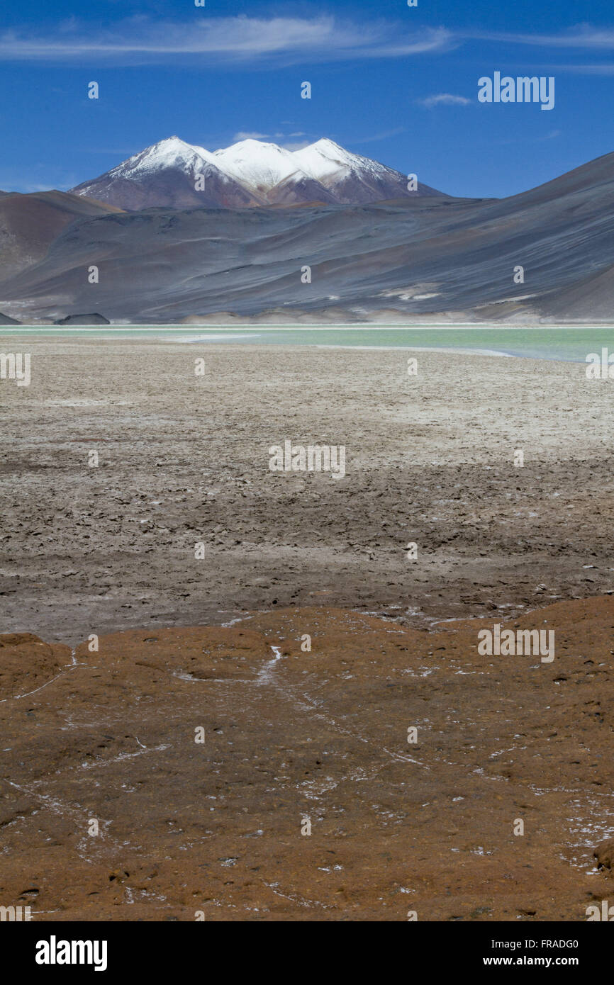 Lagoon and volcano in Piedras Rojas in the Salar de Talar - Atacama Desert Stock Photo