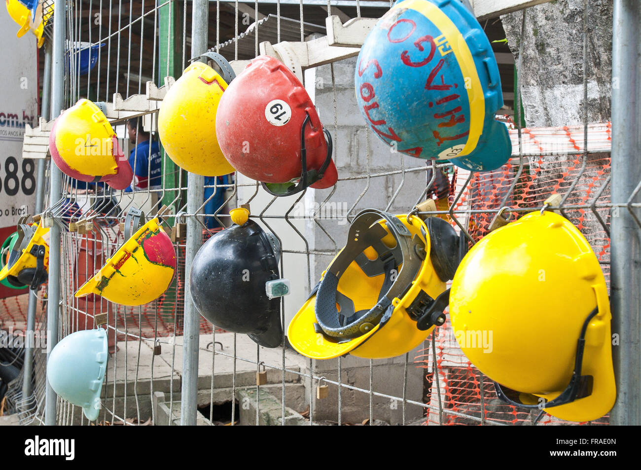 Helmets hanging operatives in the Estadio Maracana - reform for the World Cup 2014 Stock Photo