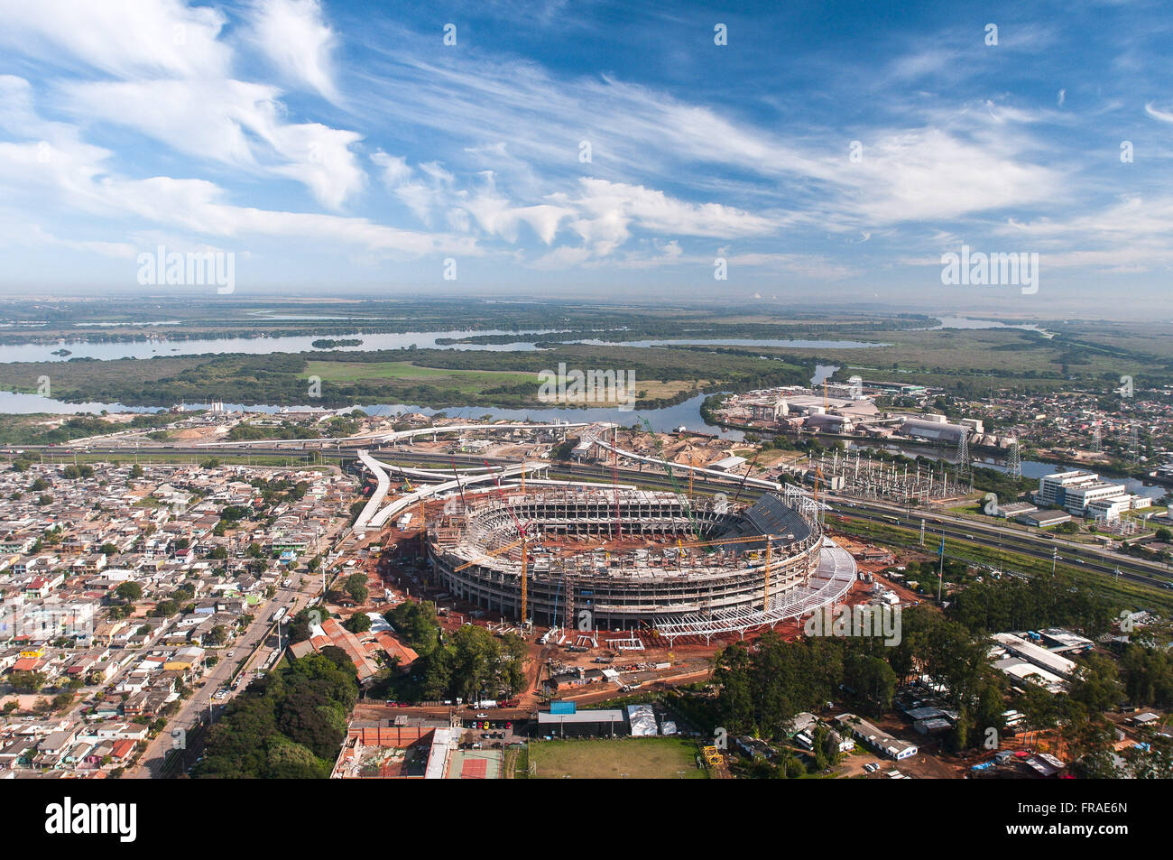 Aerial view of construction of multipurpose arena complex Gremio and city Stock Photo