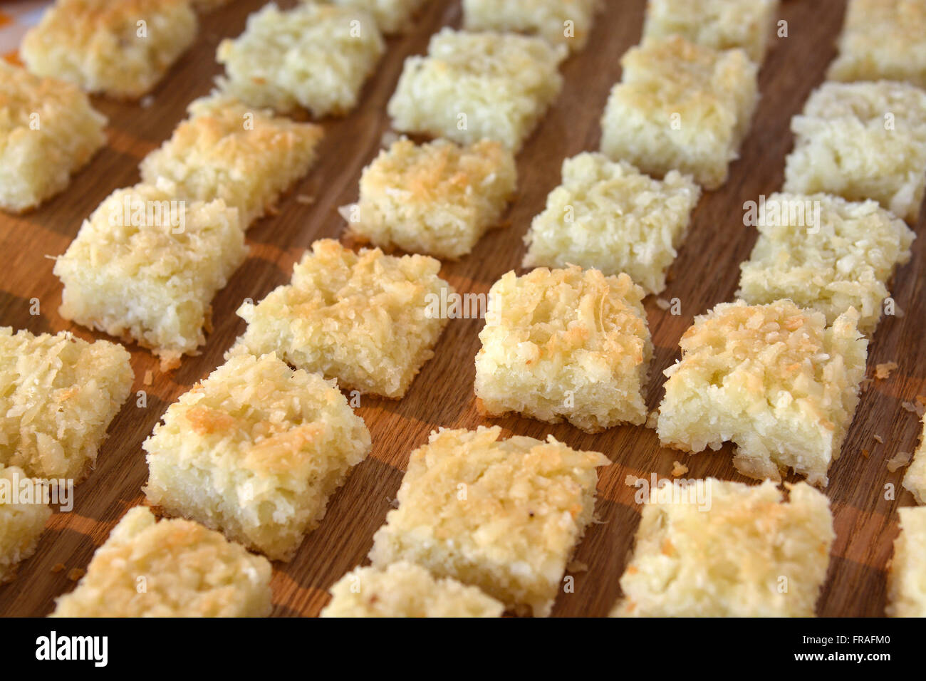 Pieces of cassava cake with coconut Stock Photo