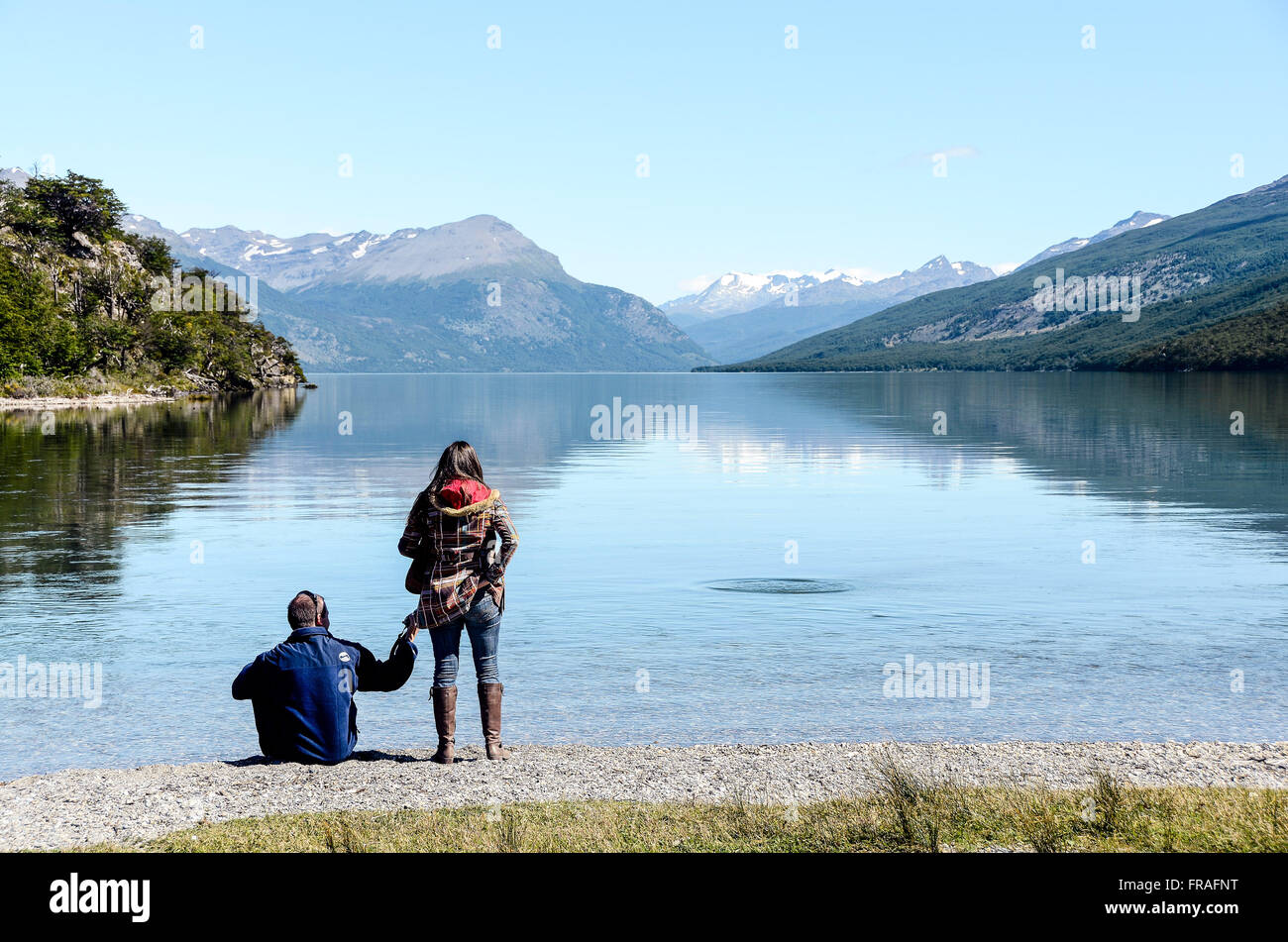 Tourists watching the Acigami also known as Lago Roca Lake - Terra del Fuego National Park Stock Photo