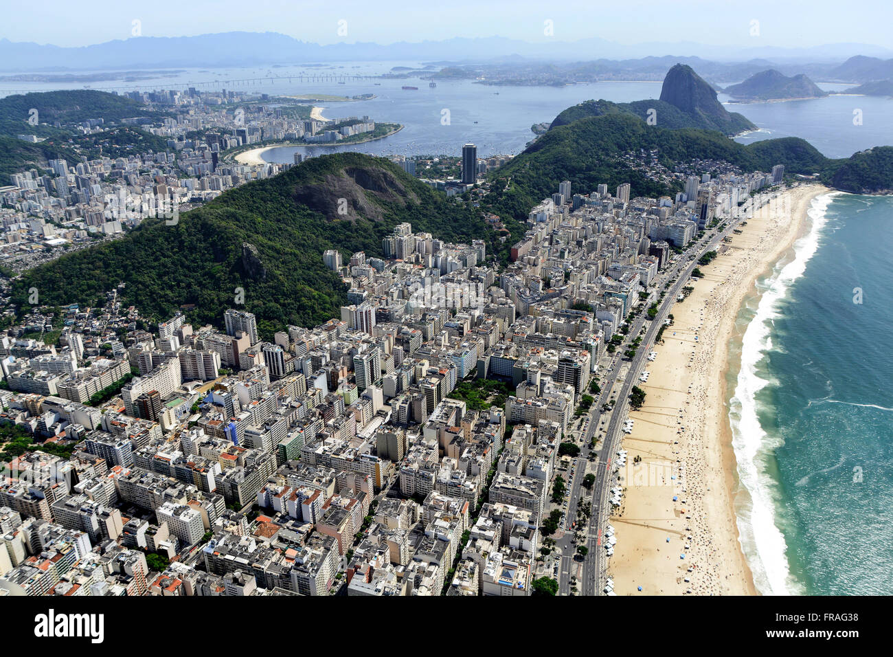 Aerial view of part of the neighborhoods and the beaches of Copacabana and Leme and Avenida Atlantica Stock Photo