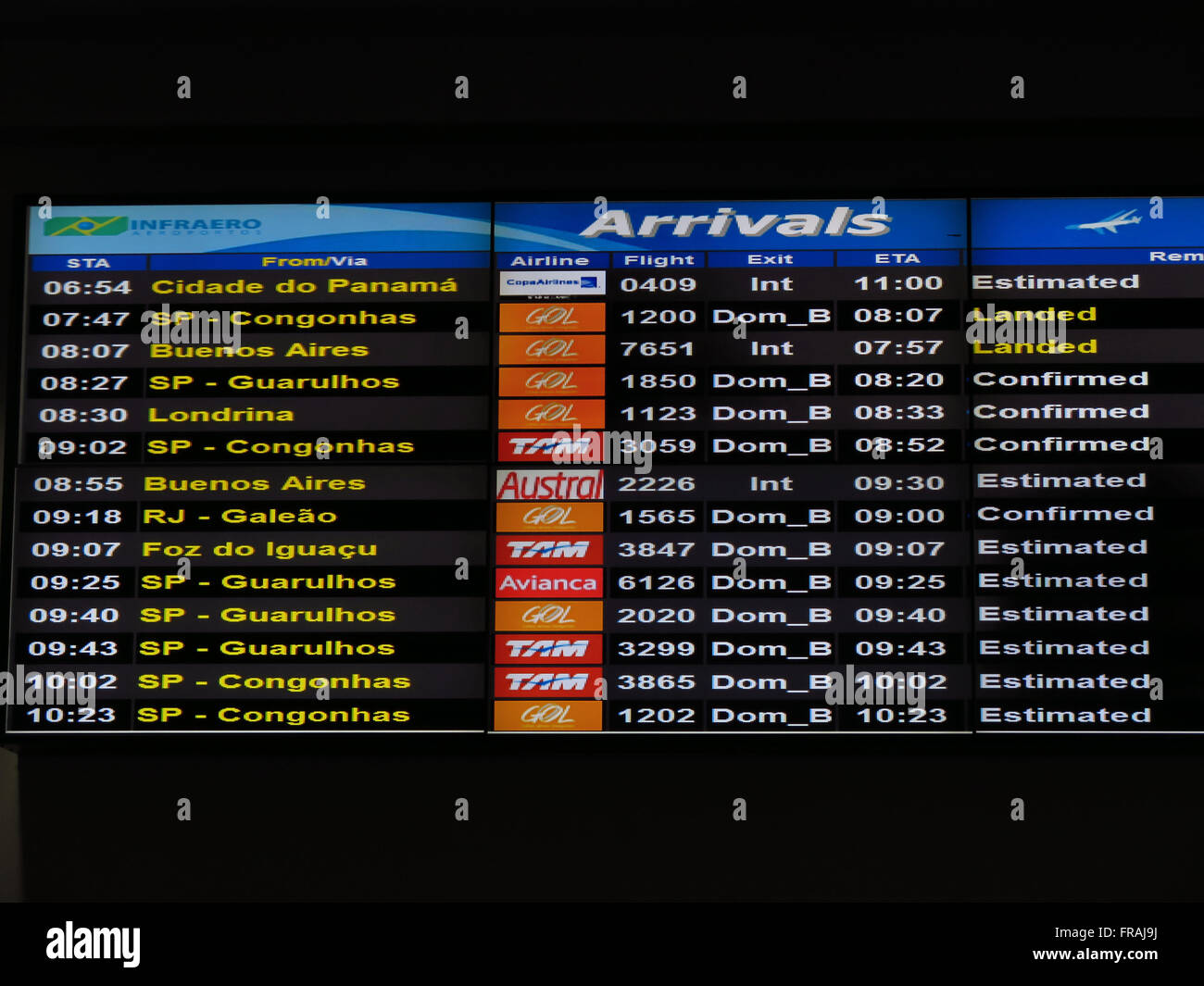 Painel com informações dos voo no Terminal 1 do Aeroporto Internacional Salgado Filho Stock Photo