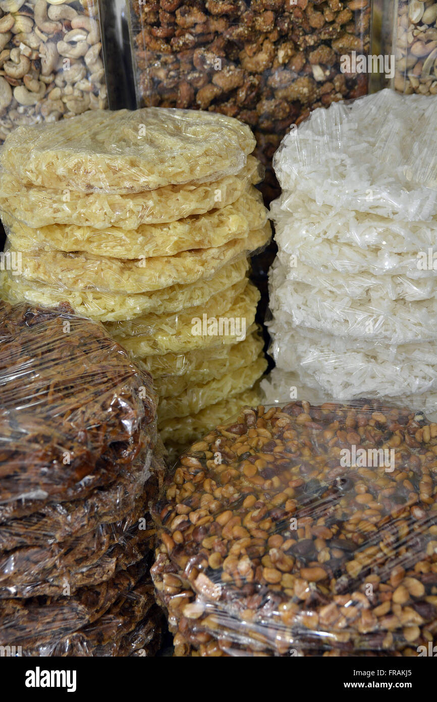 Coconut sweets and pieces of homemade brat sale in New Fair of Sao Cristovao Stock Photo