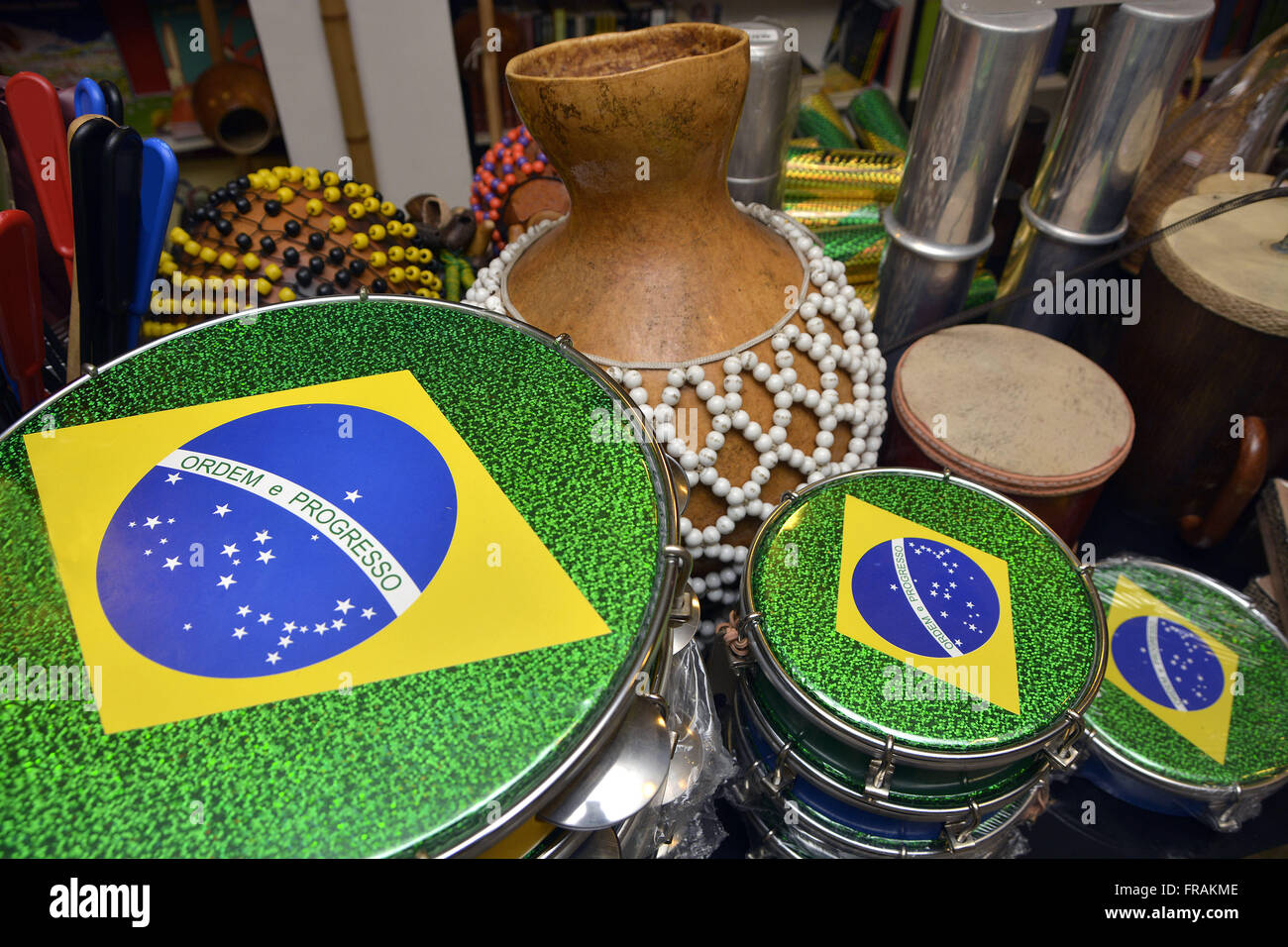 Custom percussion instruments with flag of Brazil Stock Photo