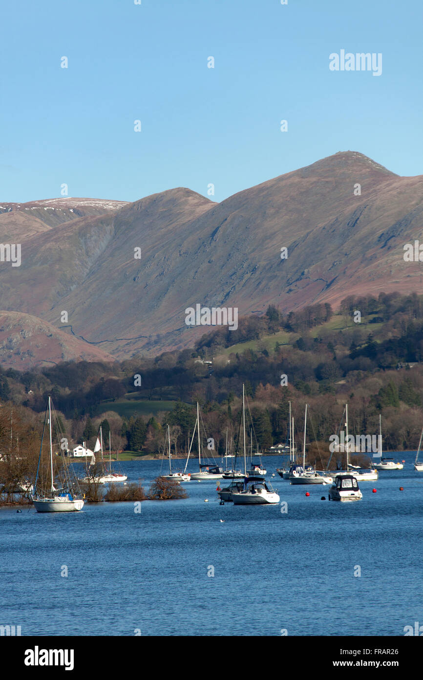 Town of Bowness, England. Picturesque view of leisure boats anchored on Lake Windermere. Stock Photo