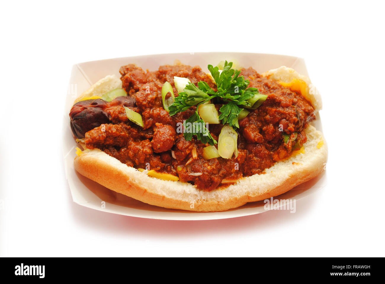 Top View of a Take Out Chili Dog With Scallions Stock Photo
