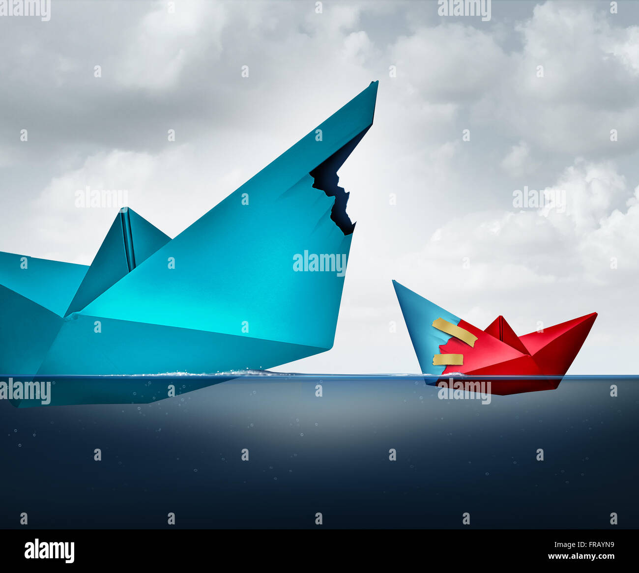 Big business support concept as a giant paper boat sharing a piece of the ship with a smaller vessel as a lending and assistance metaphor for funding and financing. Stock Photo