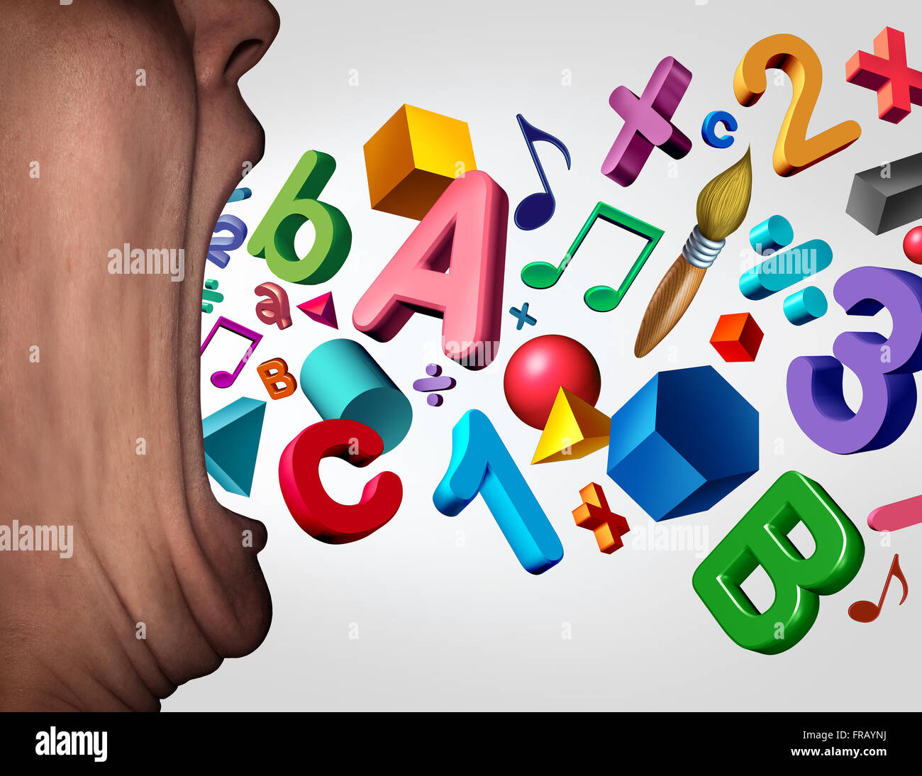 Concept of teaching and learning symbol as a teacher with a wide open mouth with numbers letters music notes and geometry shapes emerging out as a school and instructor tutoring communication to students. Stock Photo