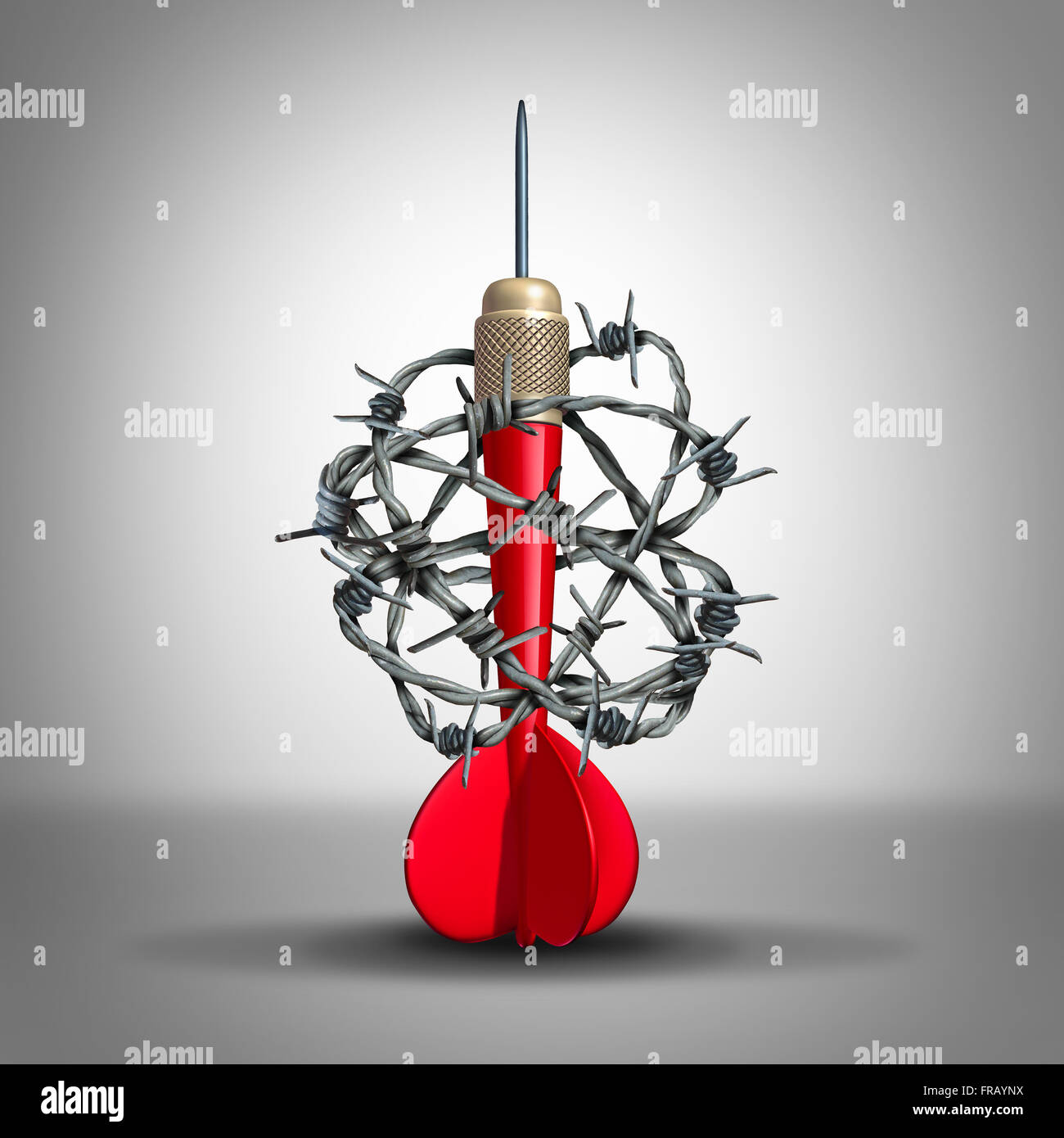 Goal challenge and opportunity problem as a business concept with a red dart wrapped with sharp metal barbed wire as a metaphor Stock Photo