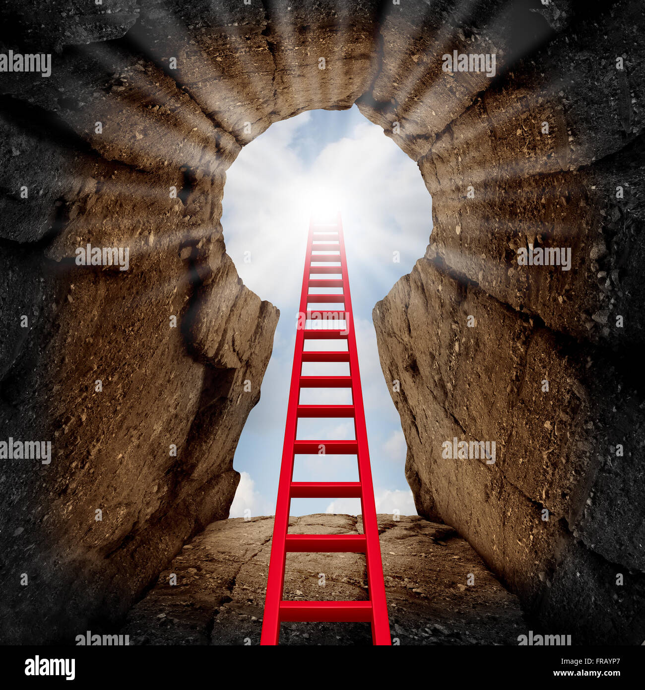 Reaching success as a business opportunity and career advancement concept as a red ladder leading to an opening in a mountain cliff looking up shaped as a key hole with the sun shinning down. Stock Photo