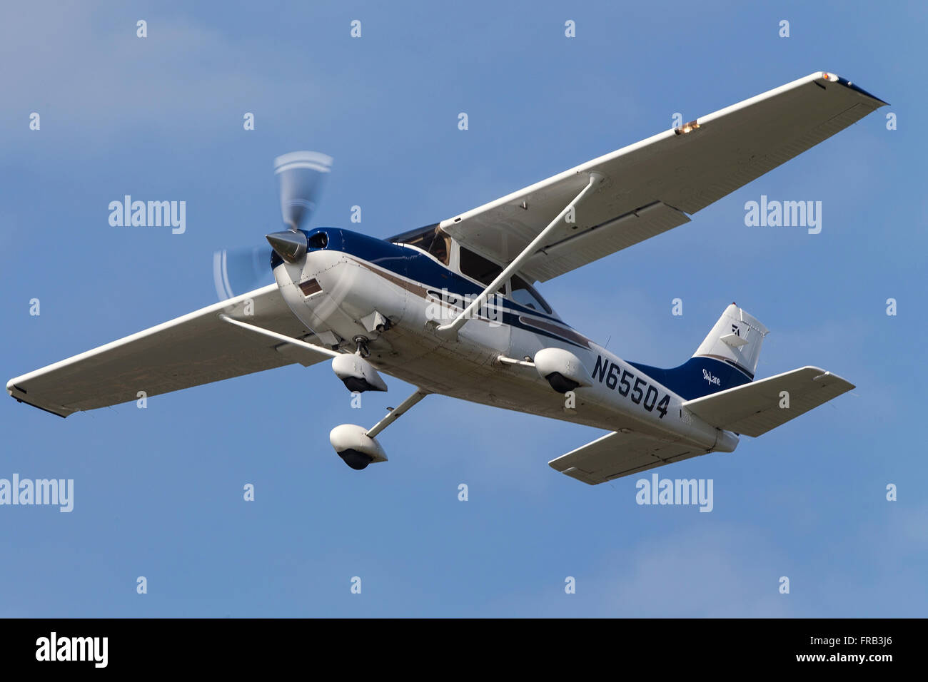 Cessna 182T (registration N65504) takes off from Palo Alto Airport (KPAO), Palo Alto, California, United States of America Stock Photo