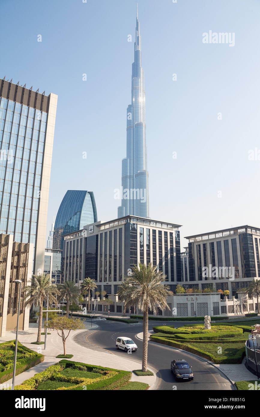 Burj Khalifa, world's tallest tower (829.8 m) in Burj Dubai Downtown. Stock Photo