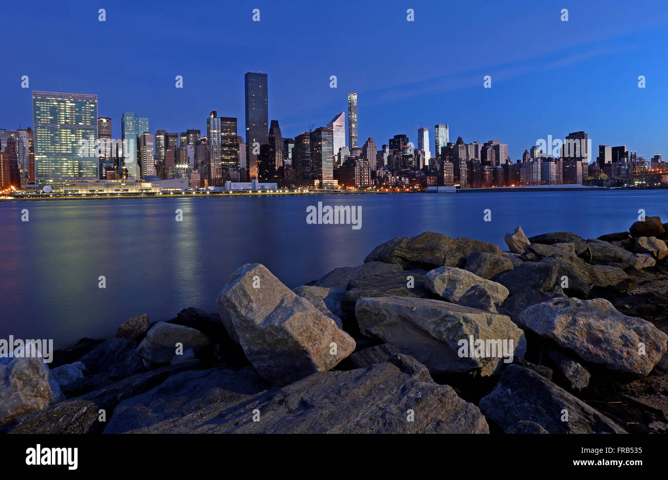 United Nations Building and midtown Manhattan as seen from Gantry State Park at sunrise in New York City, New York, United State Stock Photo