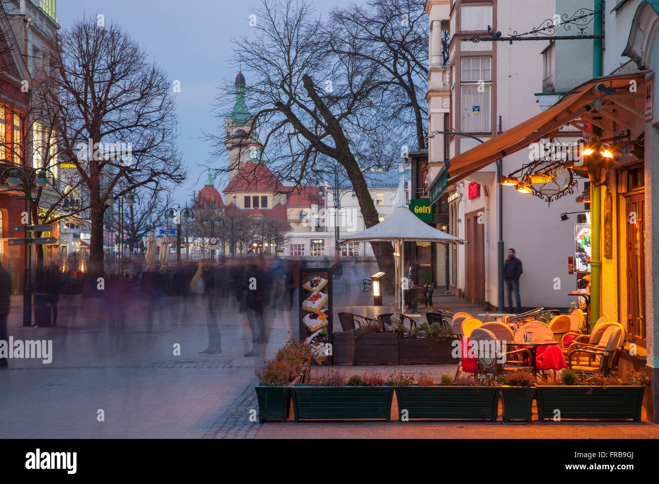 Evening at Bohaterow Monte Cassino street in Sopot, Poland. Stock Photo