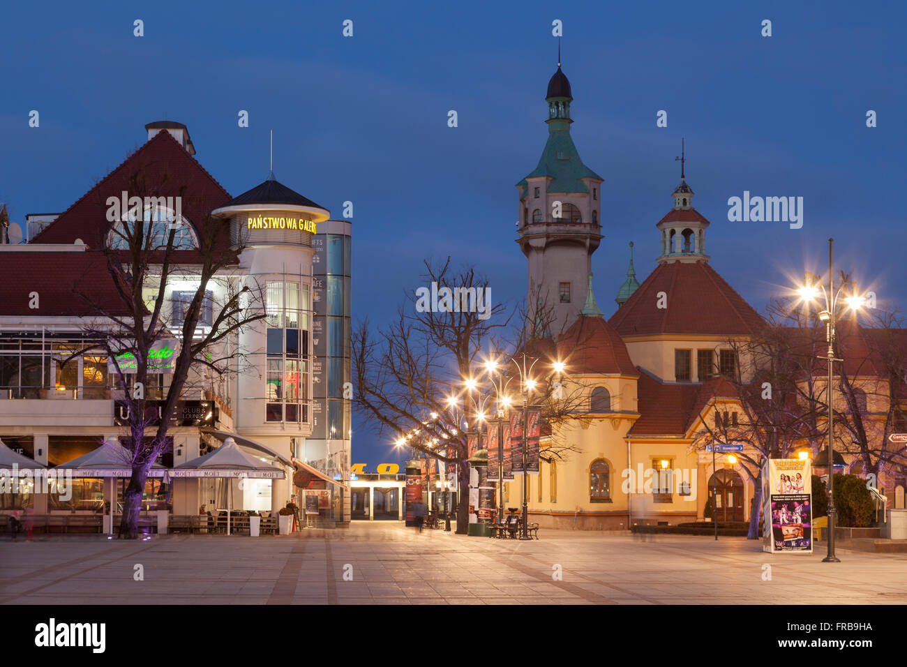Night falls at Plac Zdrojowy in Sopot, Poland. Stock Photo