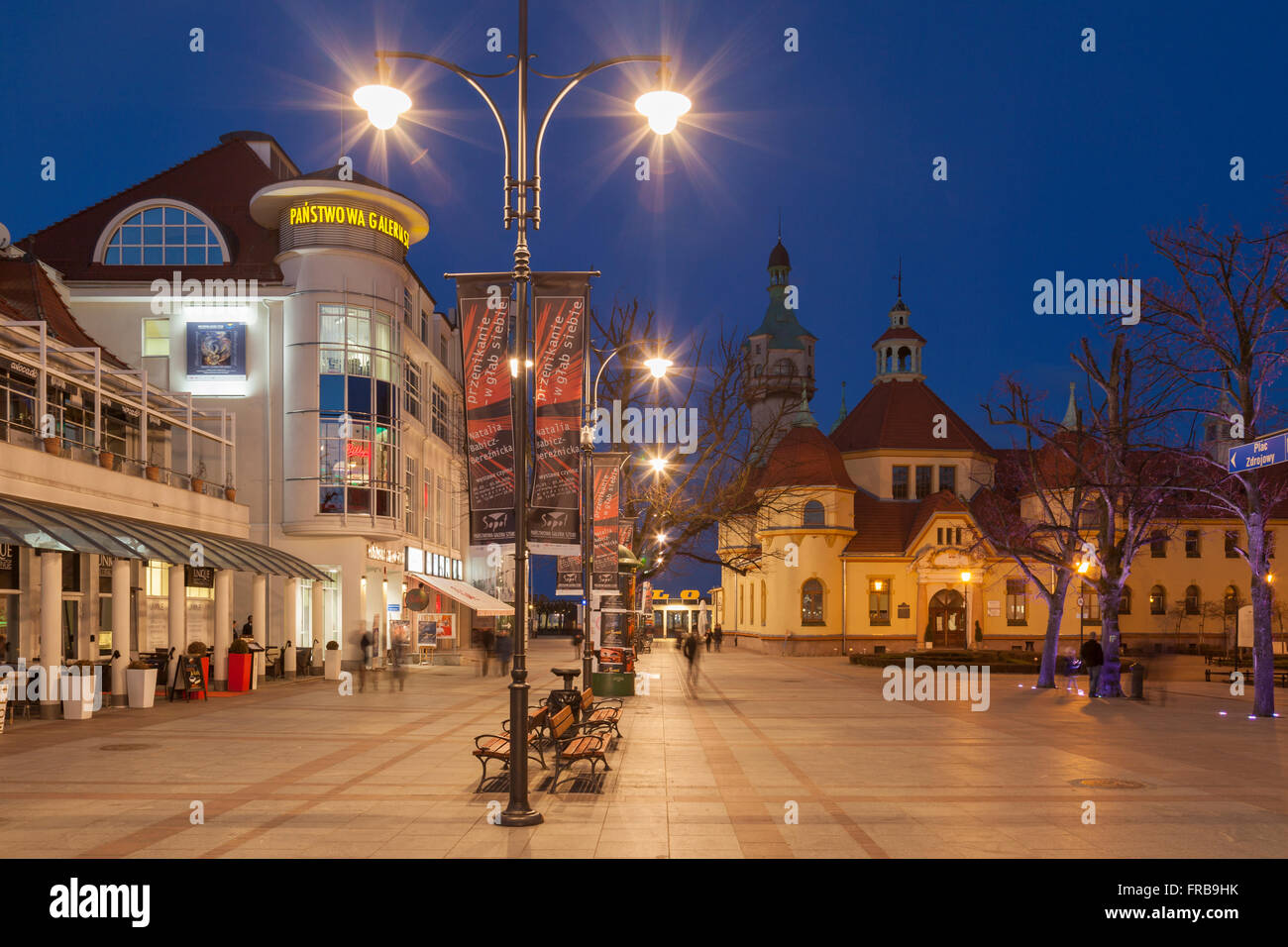 Night falls at Plac Zdrojowy in Sopot, Poland. Stock Photo