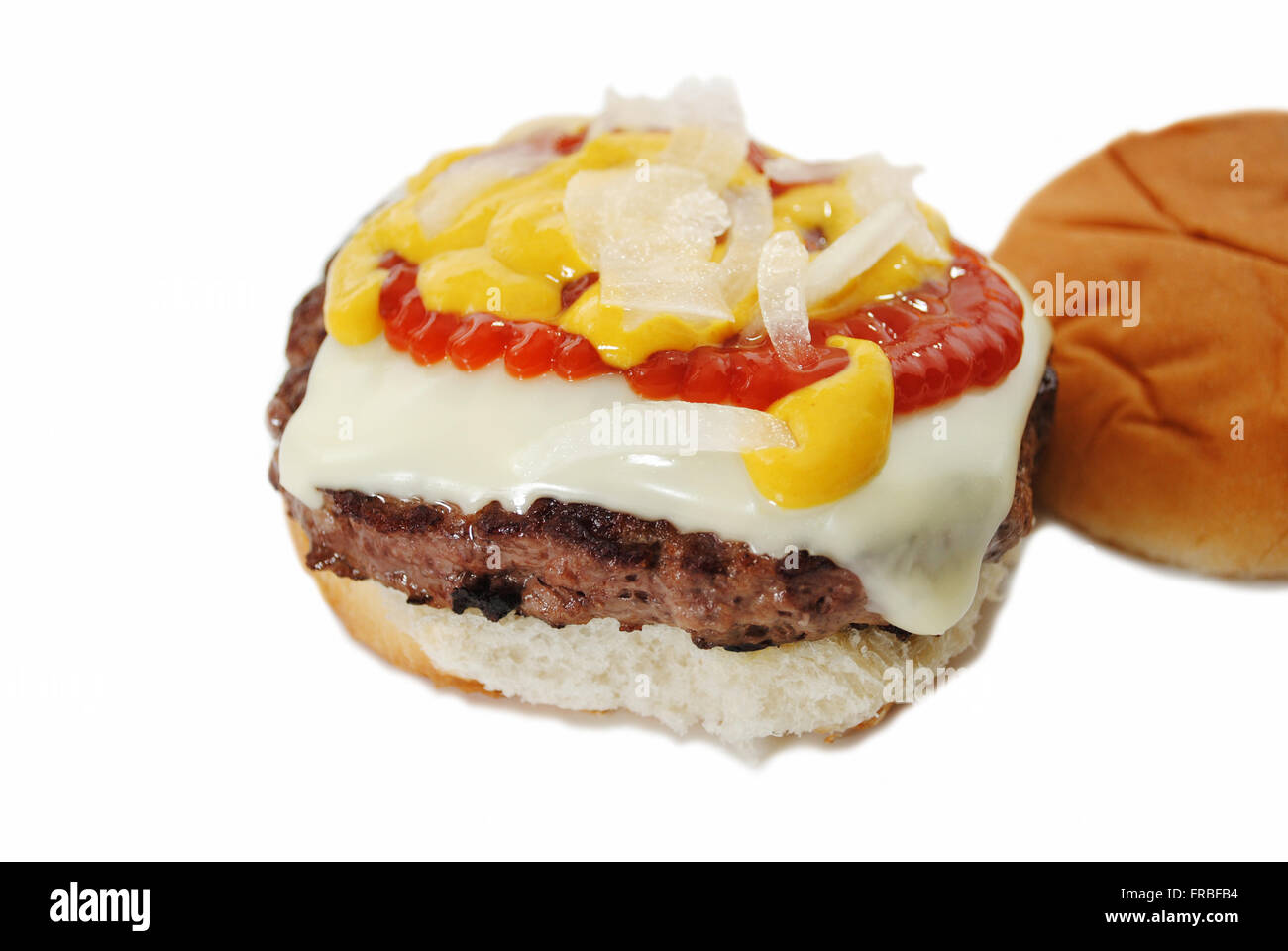Juicy Cheese Burger with Onion, Mustard, and Catsup Stock Photo Alamy