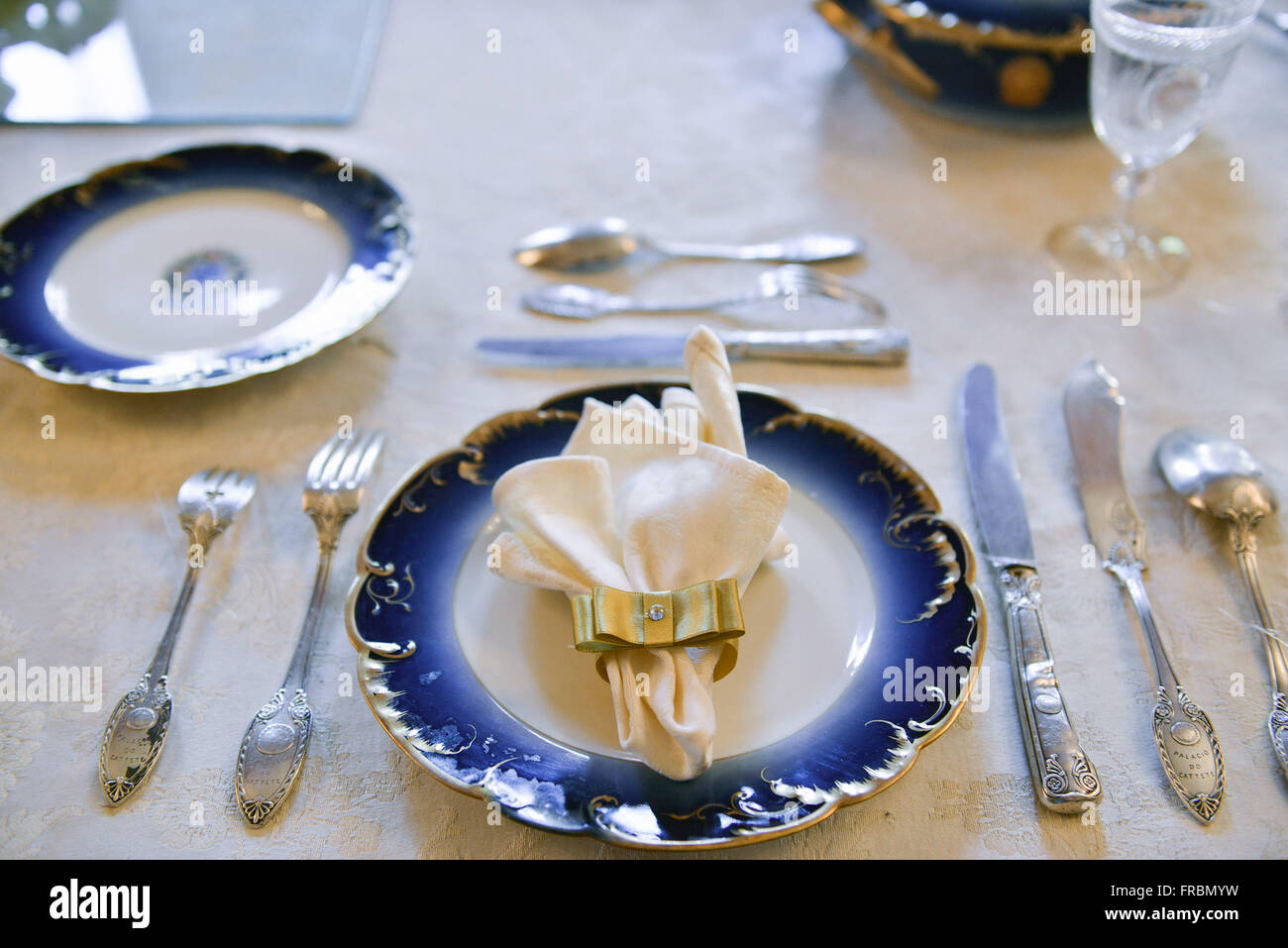 Table set in the banquet hall of the Museum of the Republic - former Presidential Palace - neighborhood Catete Stock Photo