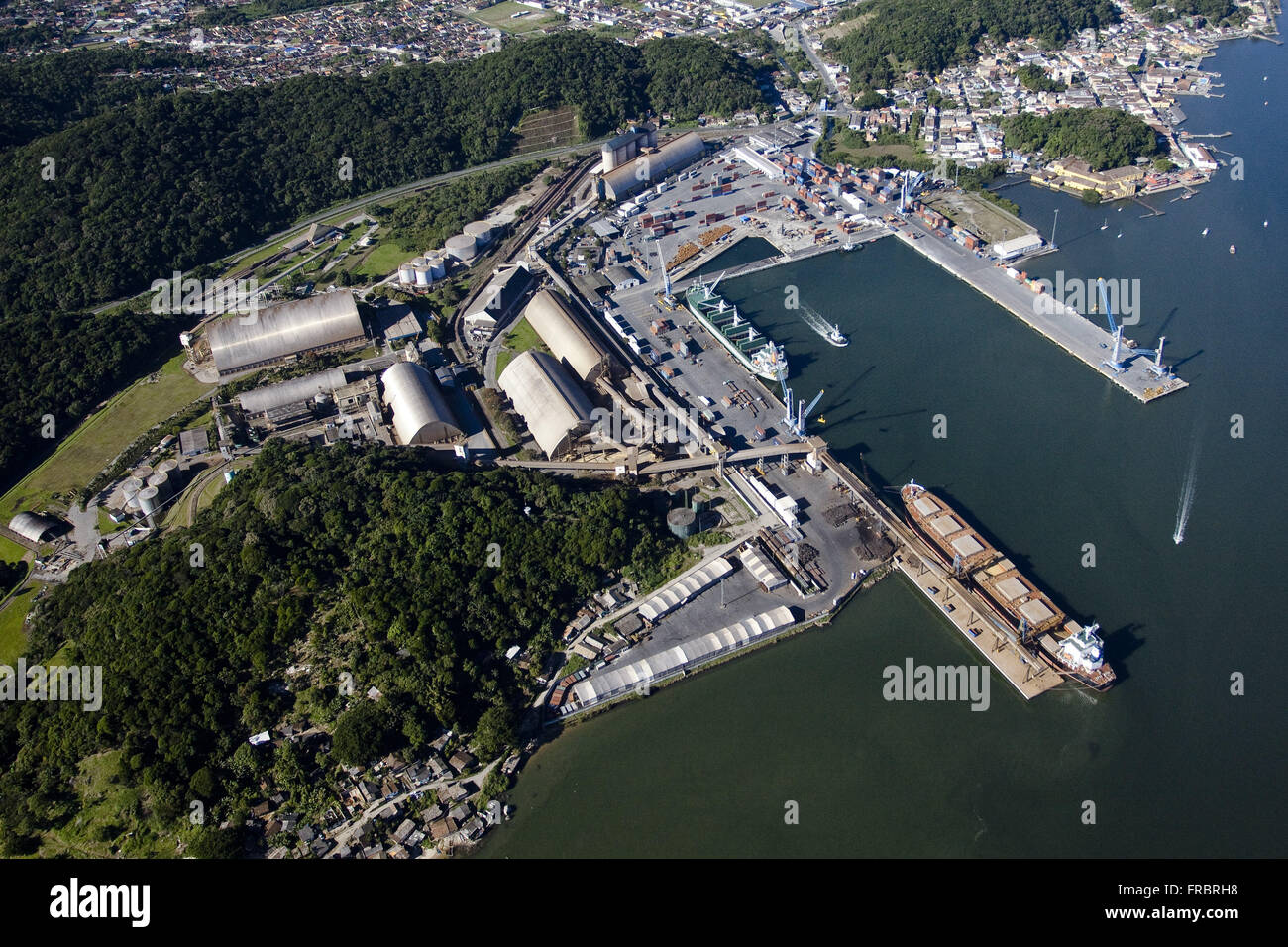 Aerial view of the port city in the Bay Babitonga Stock Photo