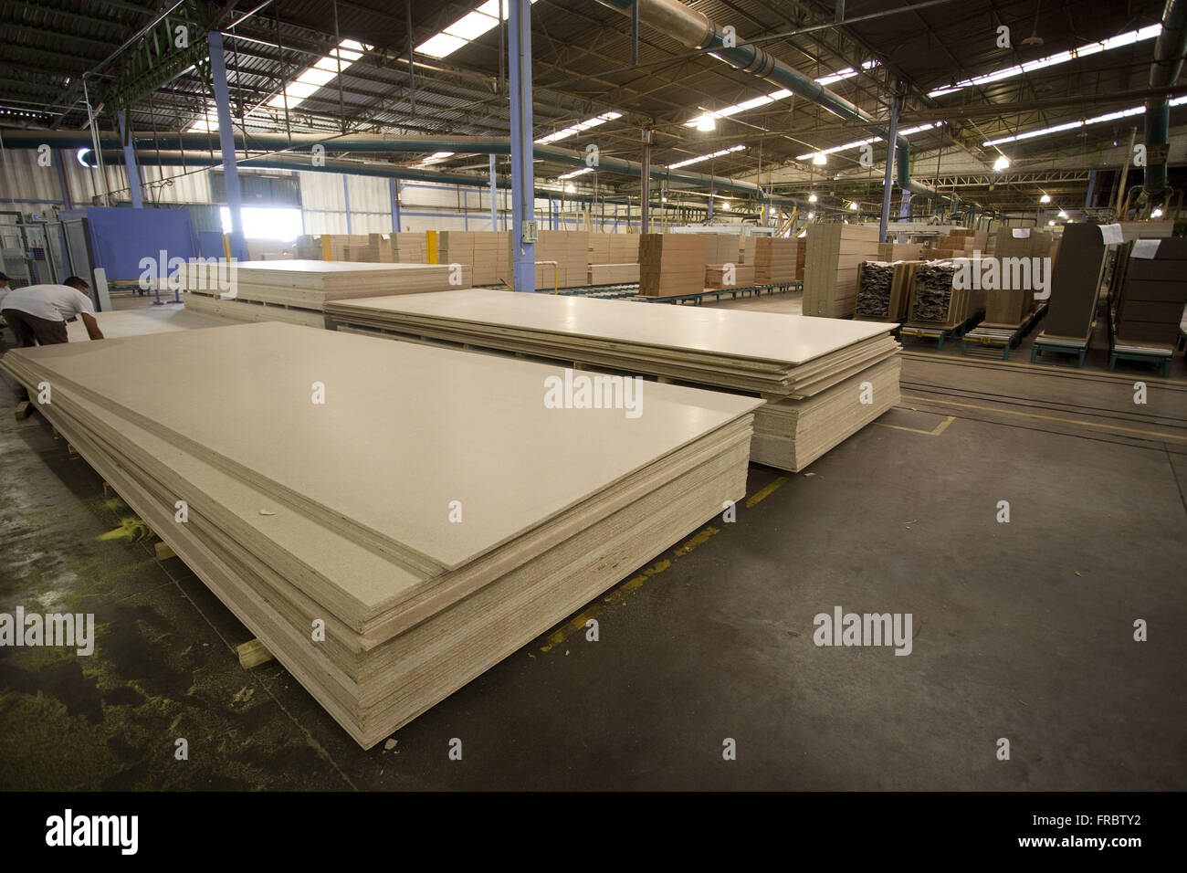 Shed of manufactures furniture with MDF wood boards Stock Photo