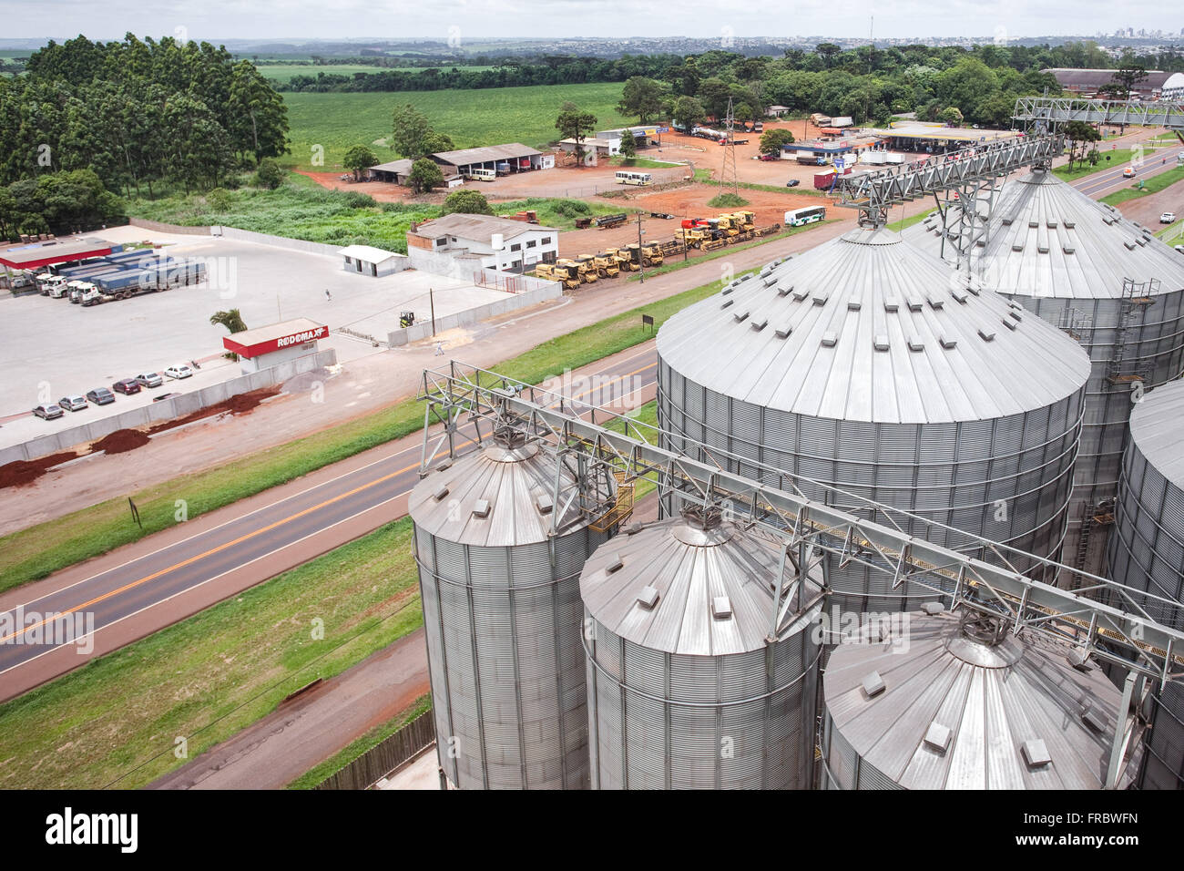 Top view of silos flour mill in the industrial park of agribusiness cooperative Stock Photo