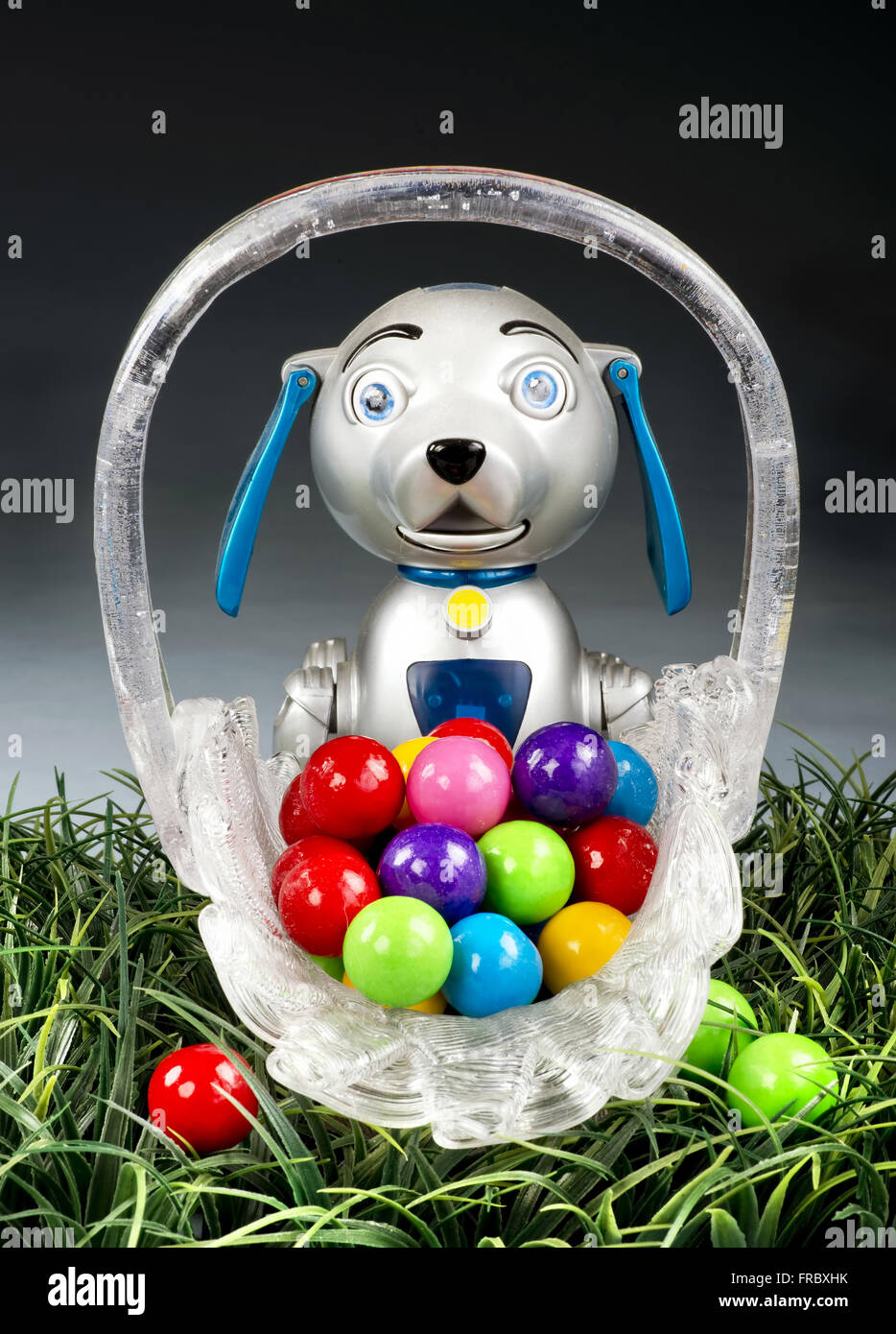 Steam Punk dog with basket of jawbreaker candies.. Stock Photo