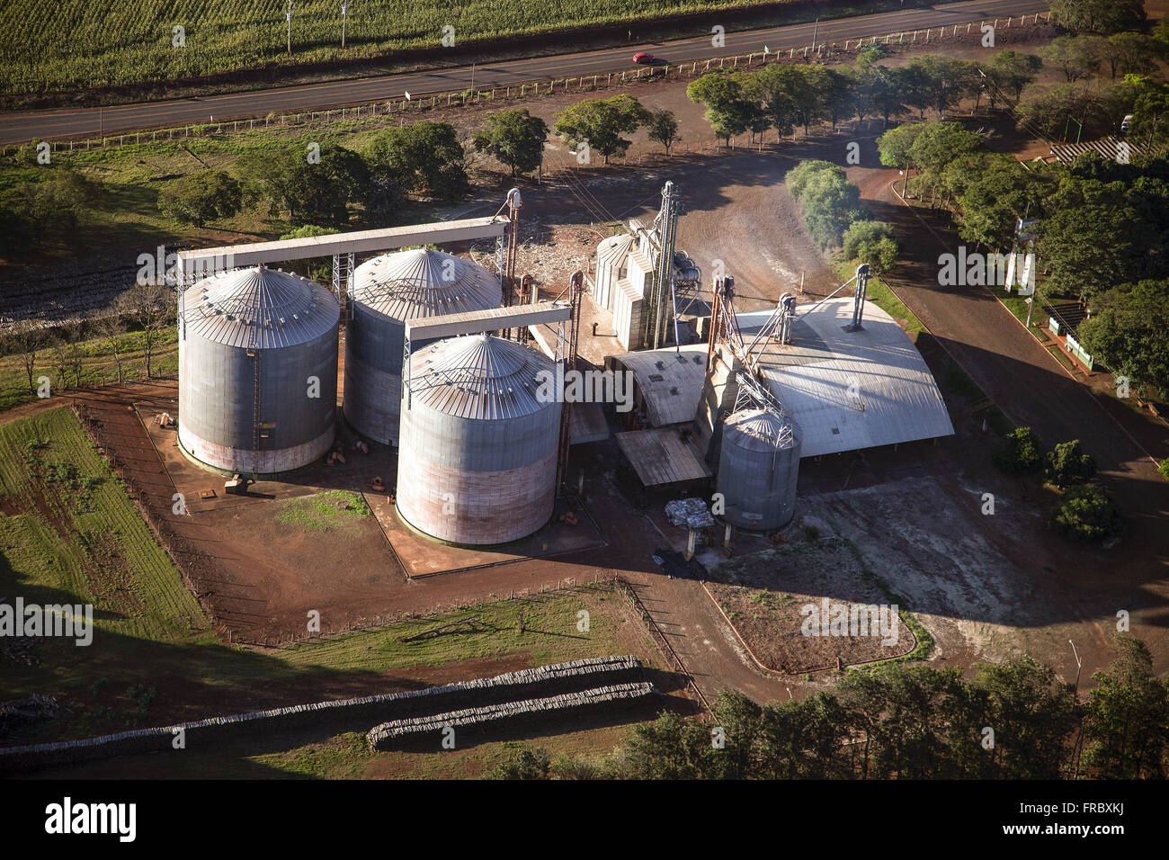 Aerial view of grain storage silos in rural Stock Photo