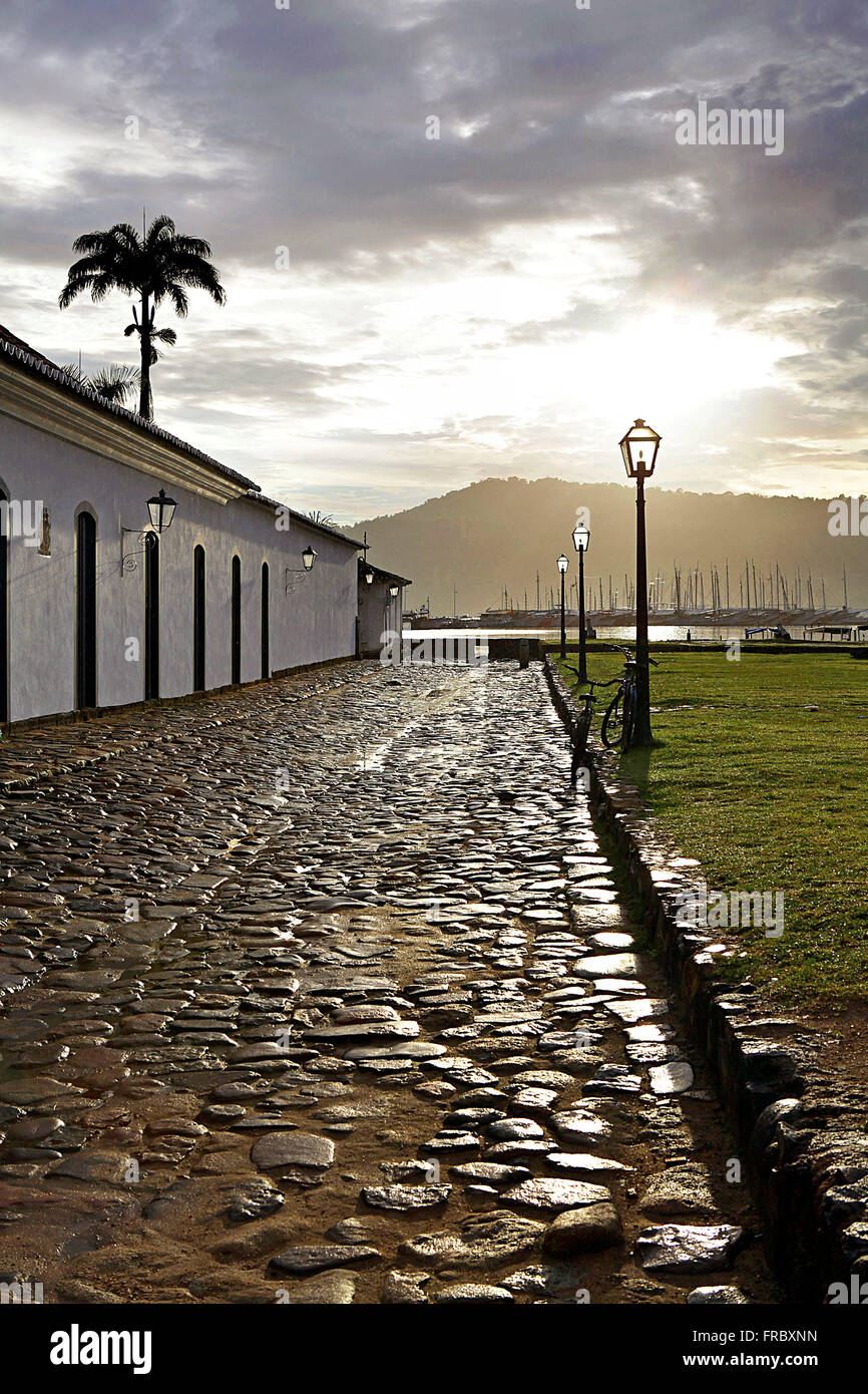 Colonial houses in the street with paving stone known as pe-de-brat Stock Photo