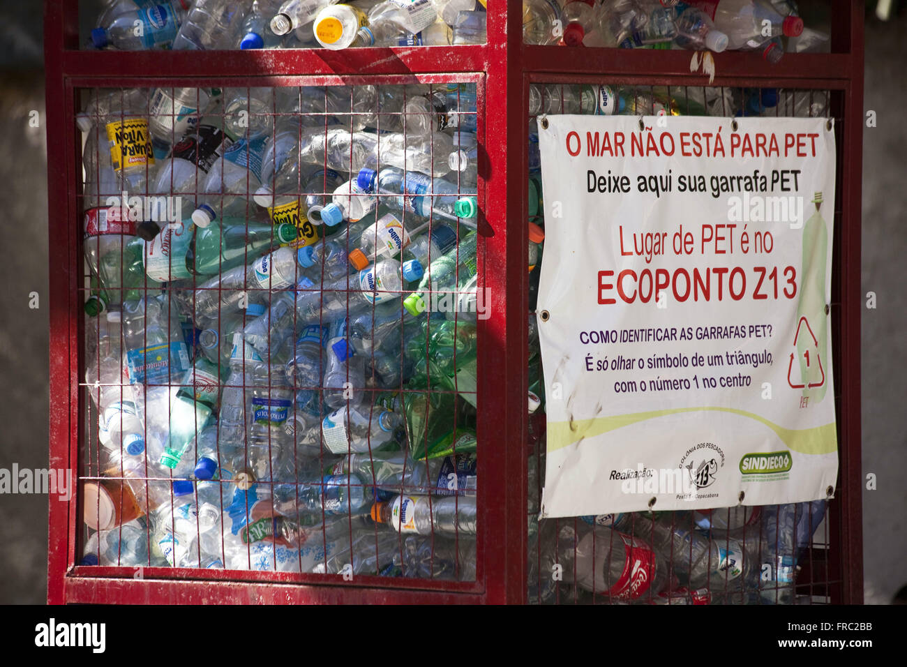 Basket of separate collection of plastic bottles - chamadao of Ecoponto - Copacabana Stock Photo