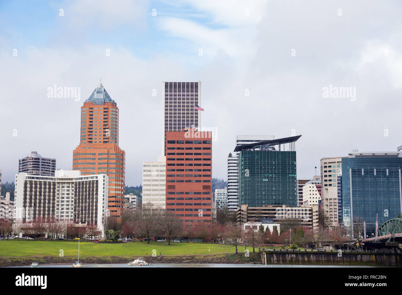 City skyline of downtown Portland Oregon in the Winter from across the river. Stock Photo