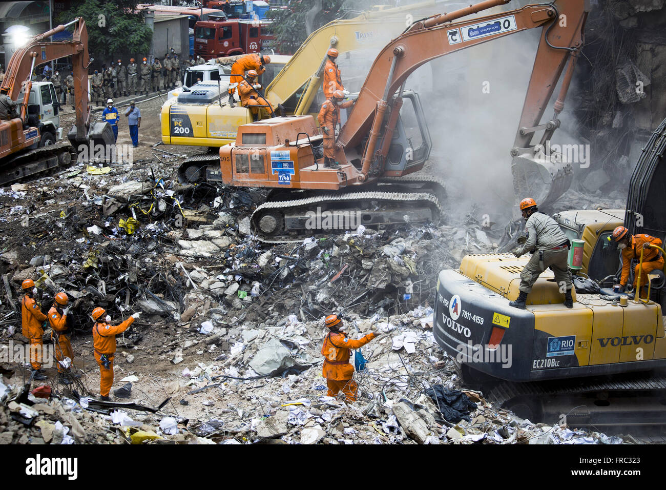 Rubble of buildings that collapsed in May Thirteen Street on January 25, 2012 Stock Photo