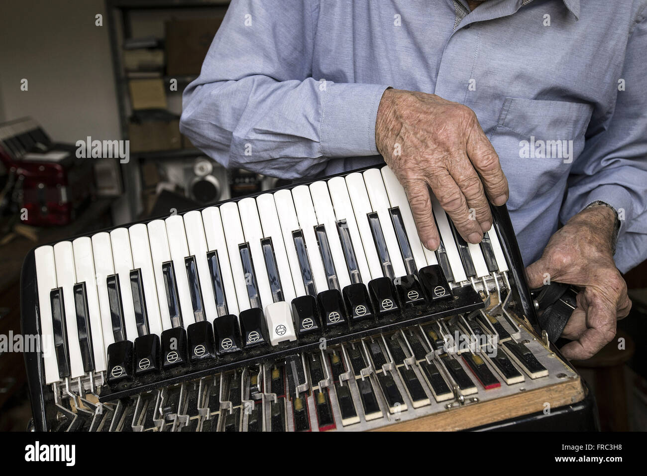 Person aged 80 repairs, renovation and accordion tunes Stock Photo