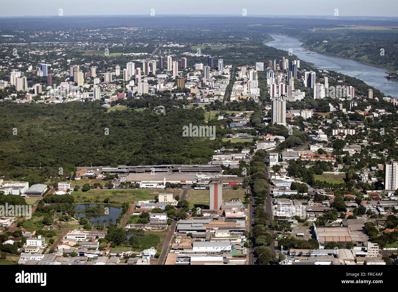 Aerial view of the downtown area with Rio Parana right Stock Photo