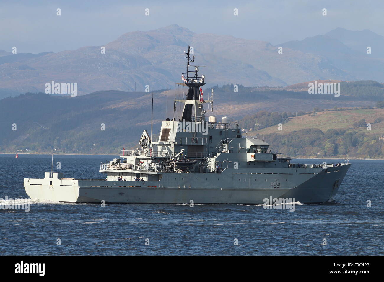 HMS Tyne (P281), a River-class patrol vessel of the Royal Navy, as she ...