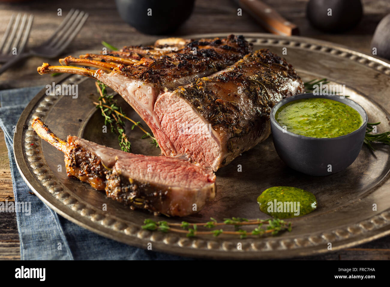 Homemade Herb Roast Lamb with Green Sauce Stock Photo Alamy
