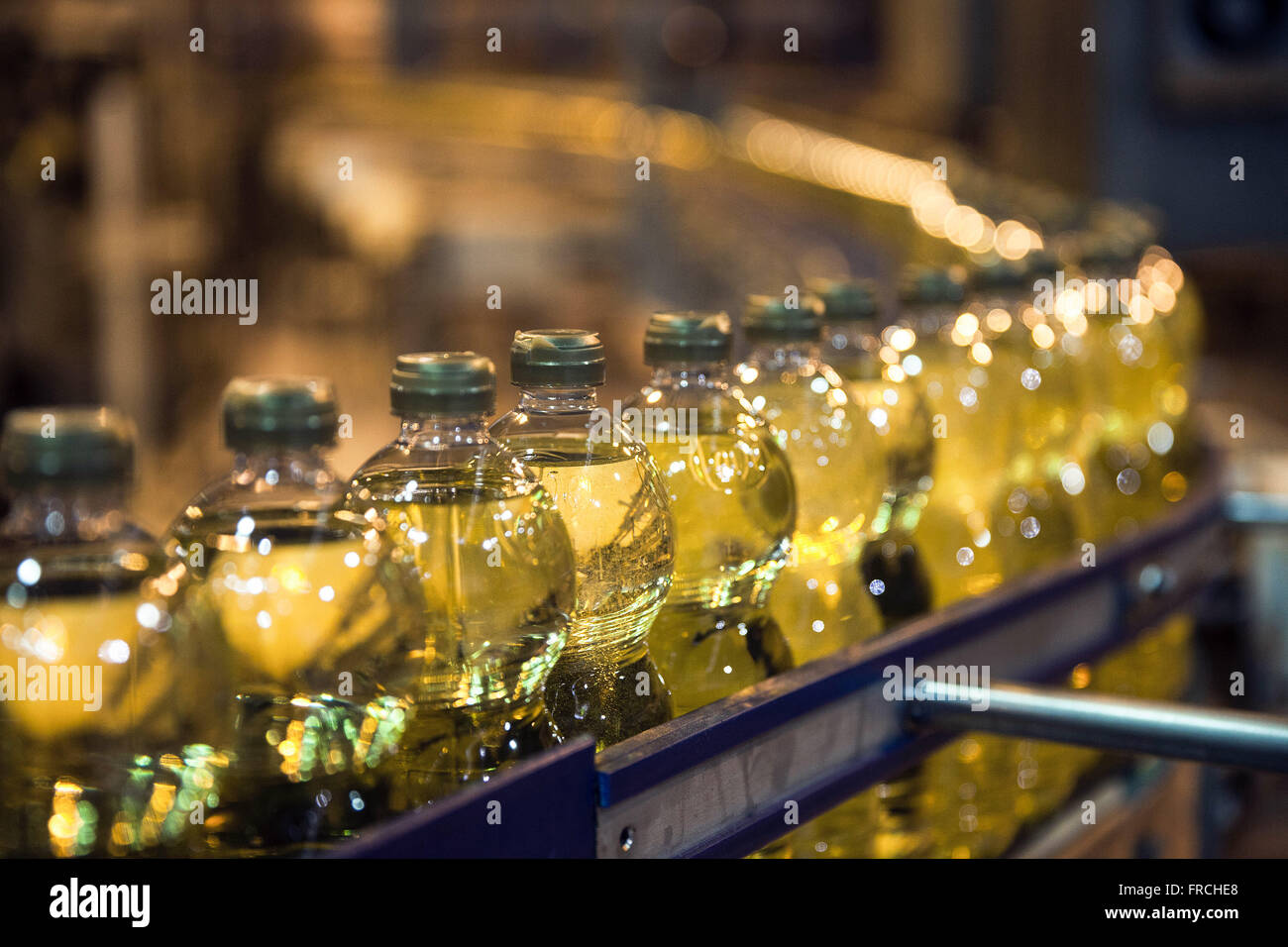 Detalhe de envase de garrafas de óleo vegetal de soja em  agroindústria Stock Photo
