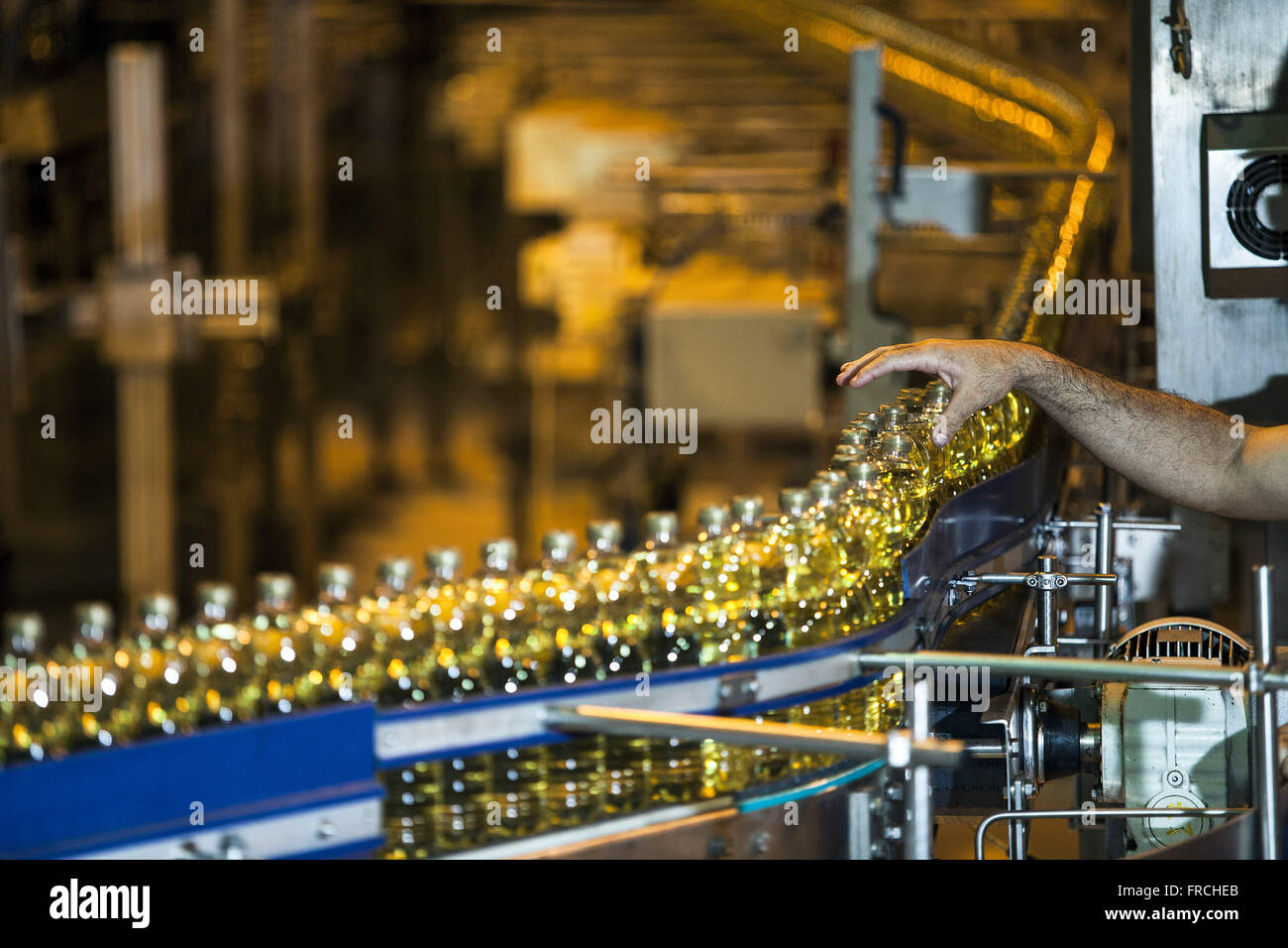 Envase de garrafas de óleo vegetal de soja em agroindústria Stock Photo