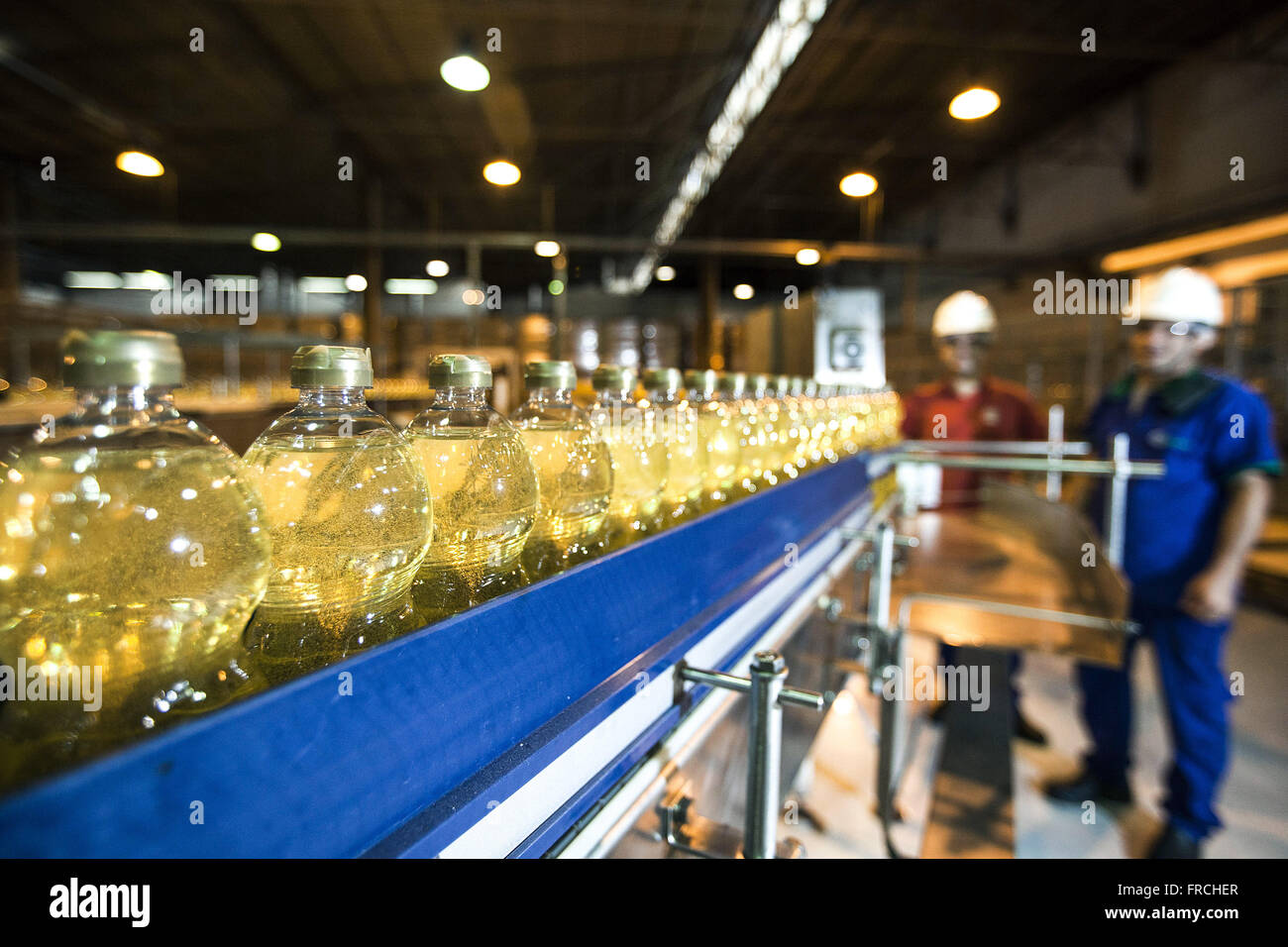 Envase de garrafas de óleo vegetal de soja em agroindústria Stock Photo