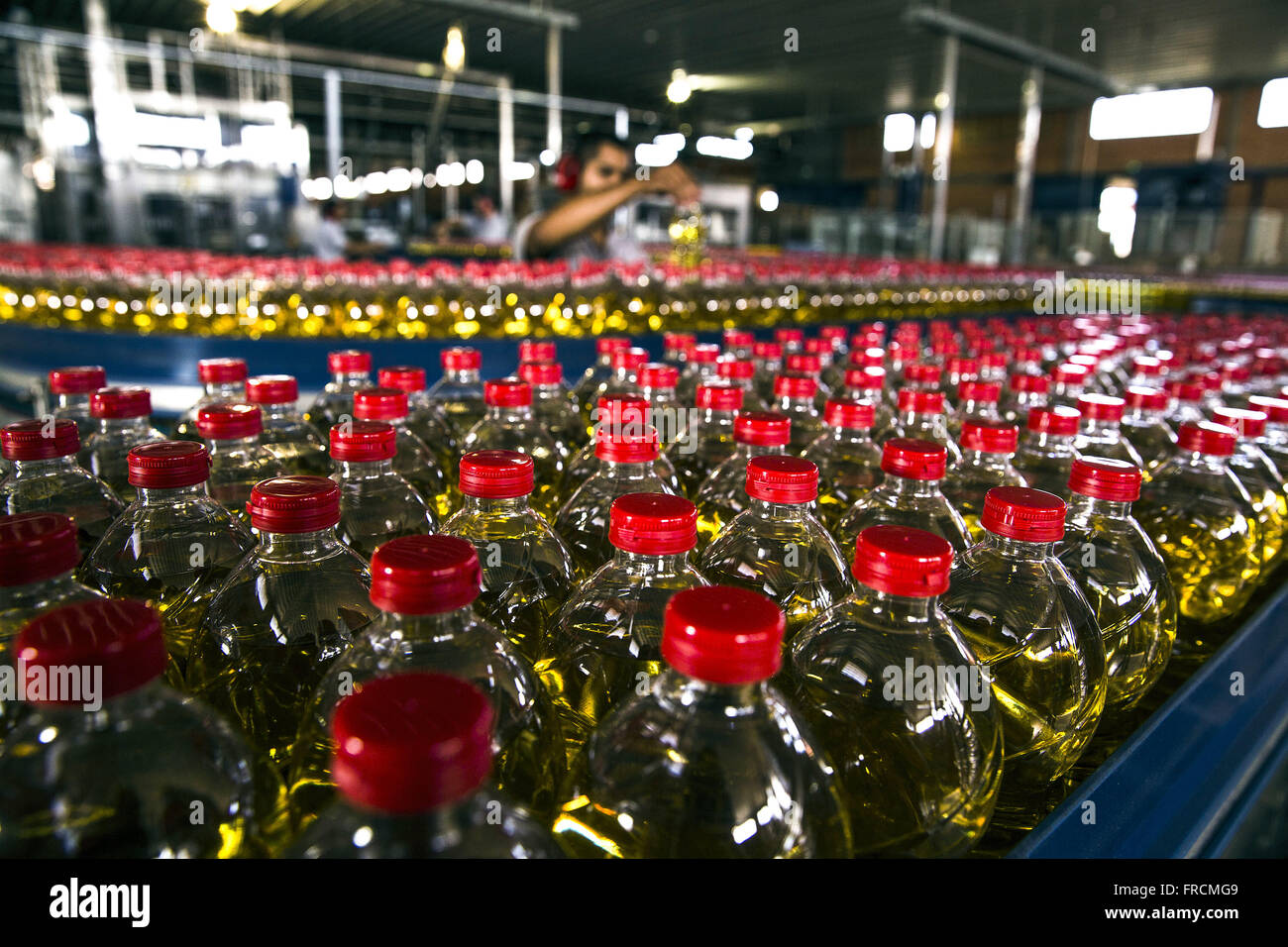 Detalhe de garrafas de óleo vegetal de soja envasado em cooperativa Stock Photo