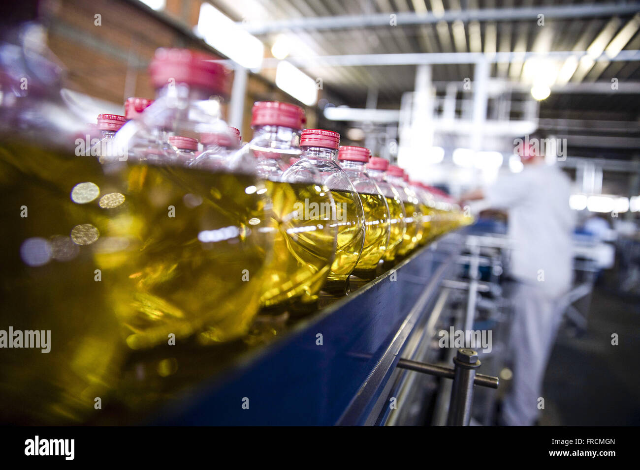 Detalhe de envase de garrafas de óleo vegetal de soja em cooperativa Stock Photo