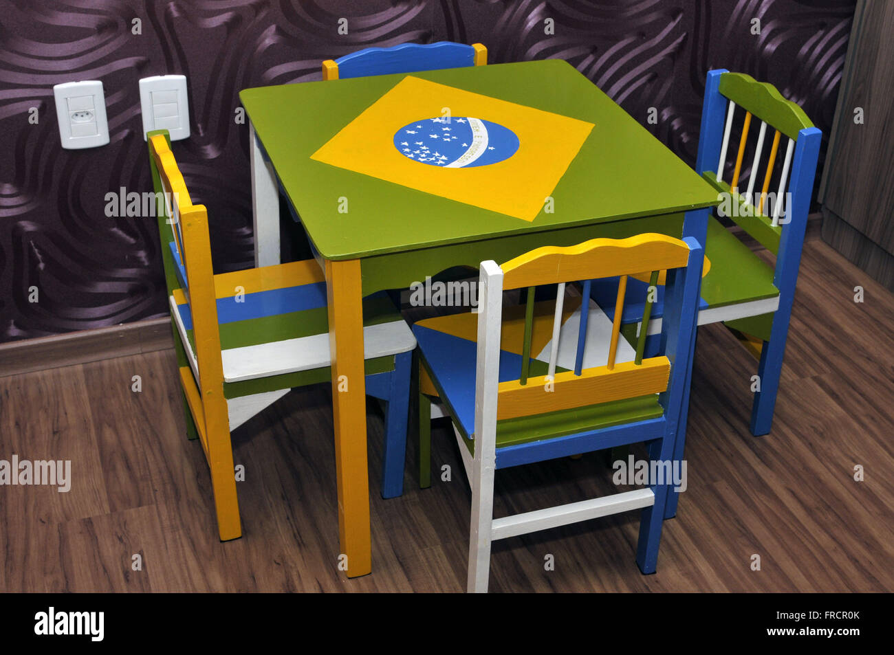Table for kids decorated with the flag of Brazil Stock Photo