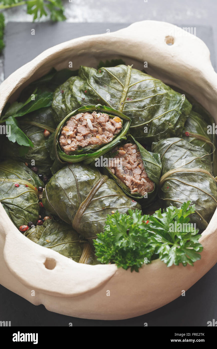Collard greens rolls, close up. Collard greens rolls with ground meat, rice and spices. Macro