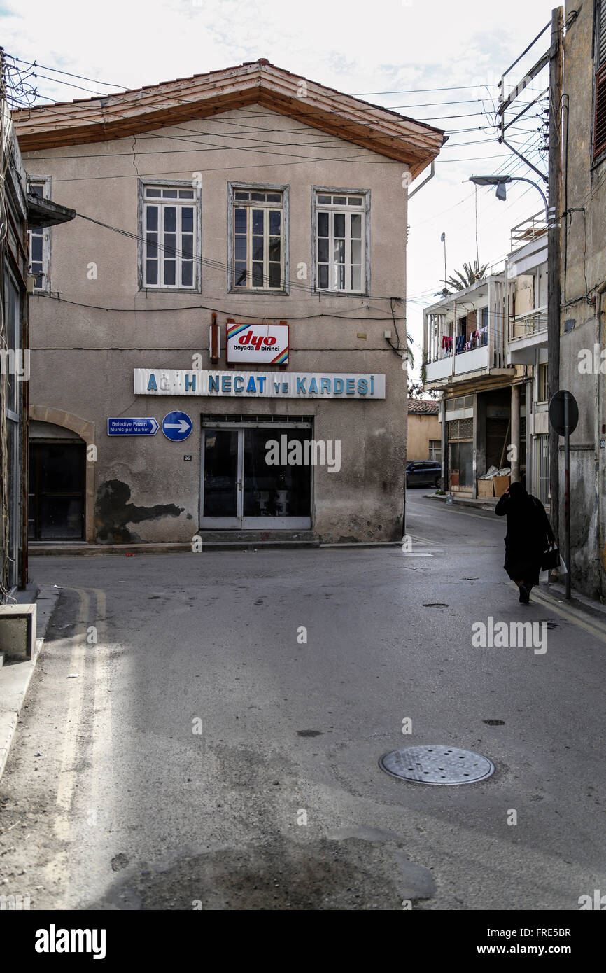 Street, business and woman in Lefkoşa Nicosia, Northern Cyprus TRNC Stock Photo