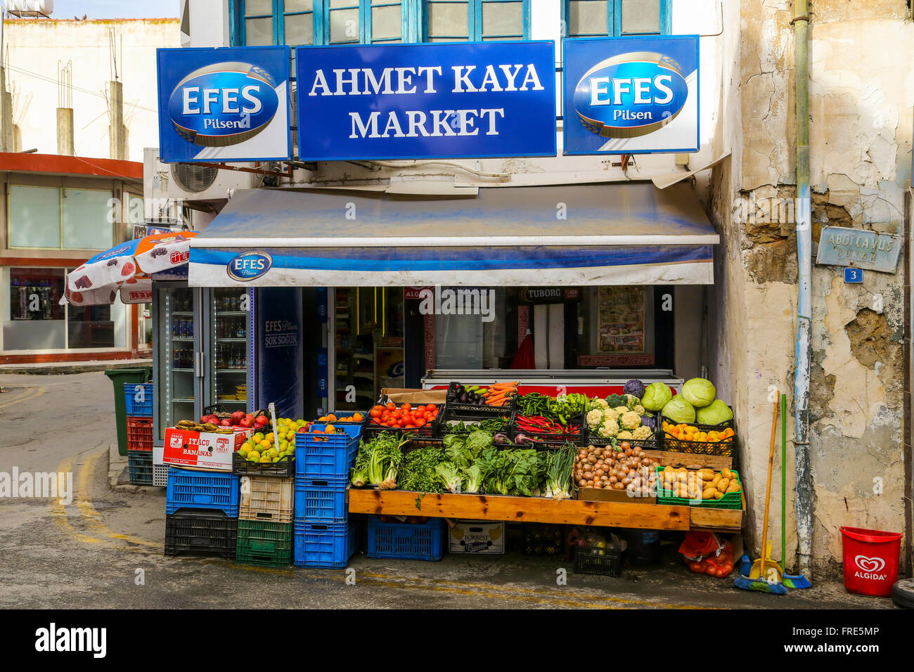 Corner fruit store in Lefkoşa Nicosia, Northern Cyprus TRNC Stock Photo