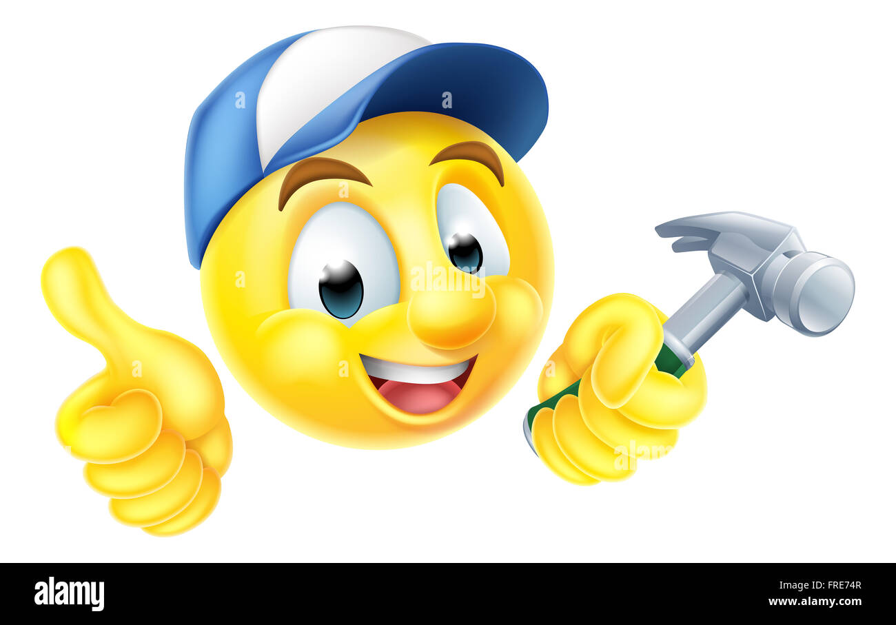 Cartoon emoji emoticon smiley face carpenter character holding a hammer  Stock Photo - Alamy