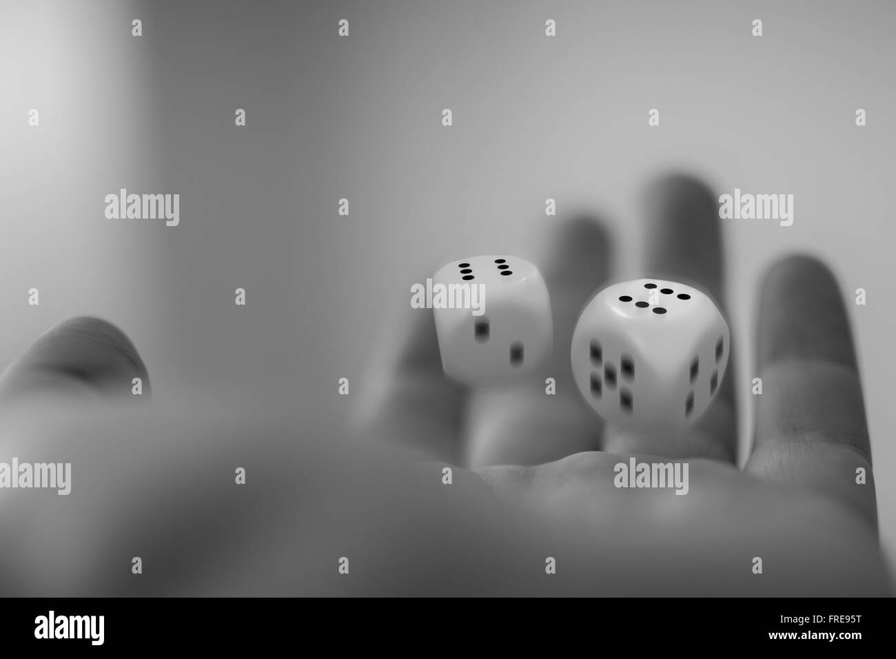 dice on  hand black and white Stock Photo