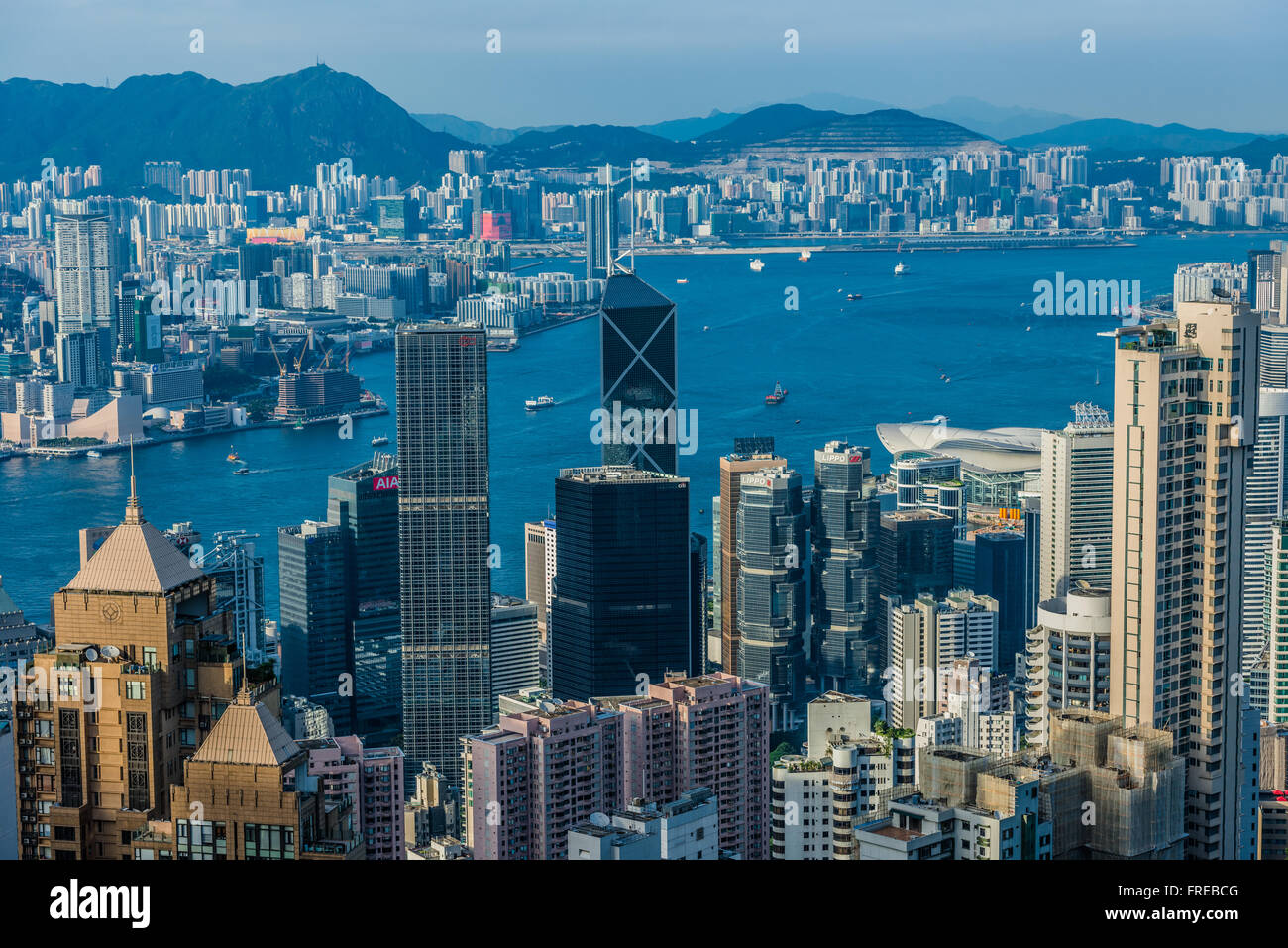 Central, Hong Kong, China- June 2 , 2014: Hong Kong Bay and Central skyline cityscape Stock Photo