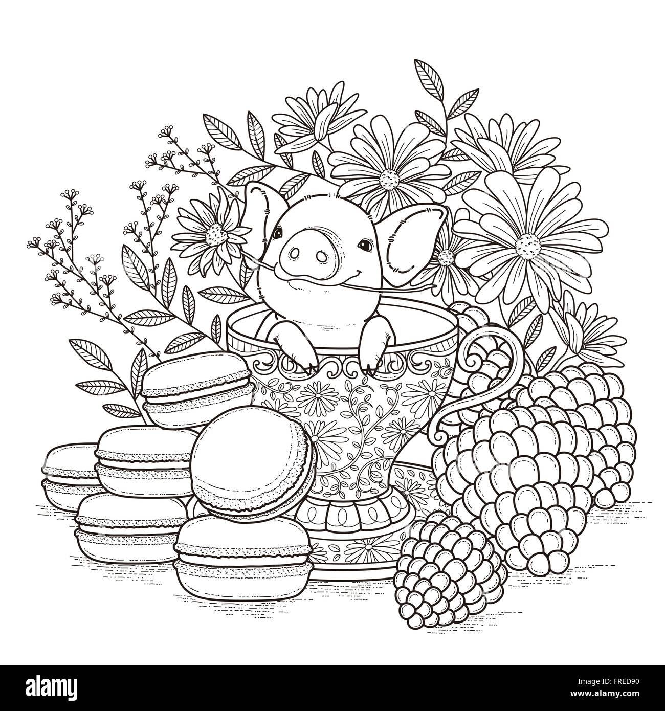 adorable piggy coloring page in exquisite style Stock Vector